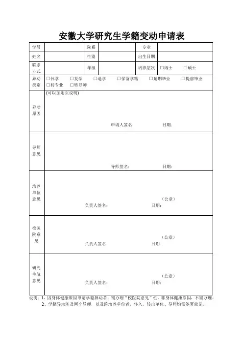 安徽大学研究生学籍变动申请表