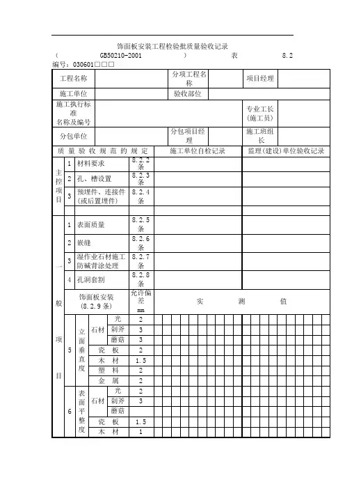 (新)饰面板安装工程检验批质量验收记录