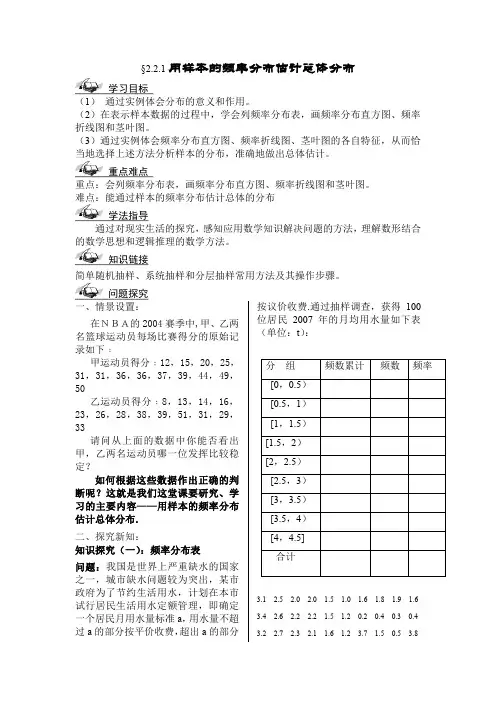 人教版高中数学全套教案导学案2.2.1用样本的频率分布估计总体分布