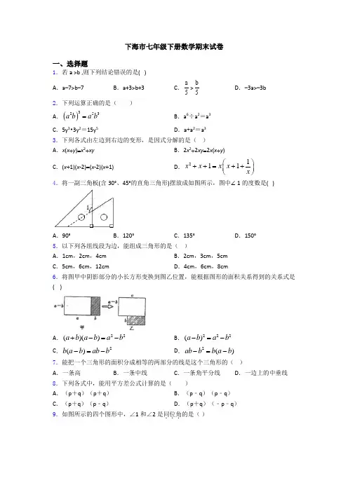 上海市七年级下册数学期末试卷