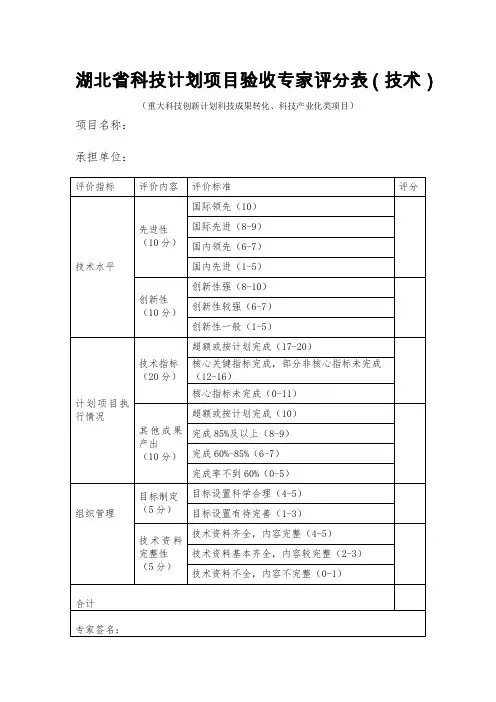 湖北省科技计划重大科技创新计划科技成果转化、科技产业化类项目验收专家评分表