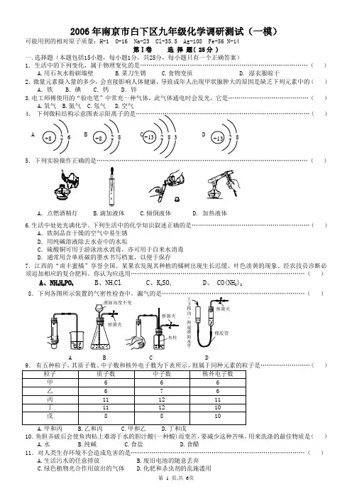 2006年南京市白下区九年级化学调研测试(一模)