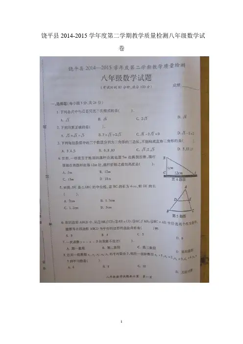 广东省潮州市饶平县2014-2015学年八年级下学期期末教学质量检测数学试题(图片版)及答案