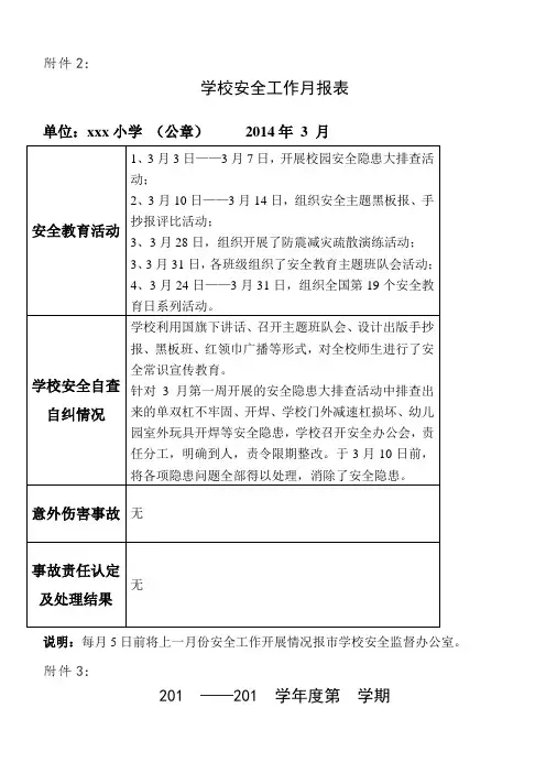 XX小学学校安全工作月报表