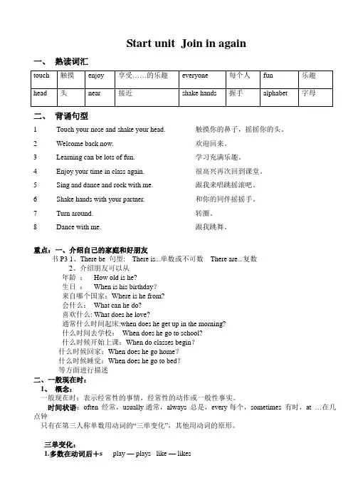 剑桥(join in)版2019-2020年五年级英语下册单元知识梳理 Starter unit