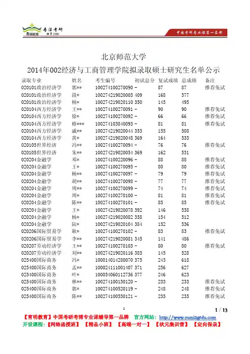 北京师范大学 2014年002经济与工商管理学院 拟录取硕士 研究生名单公示