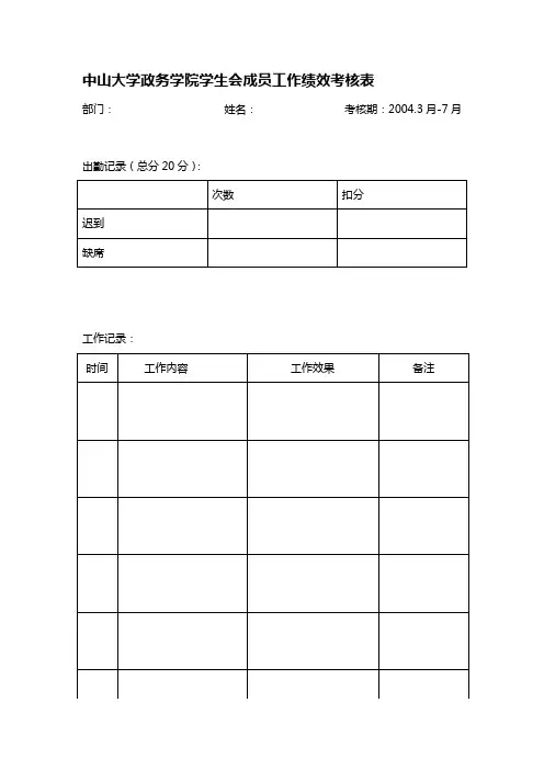 大学政务学院学生会成员工作绩效考核表格