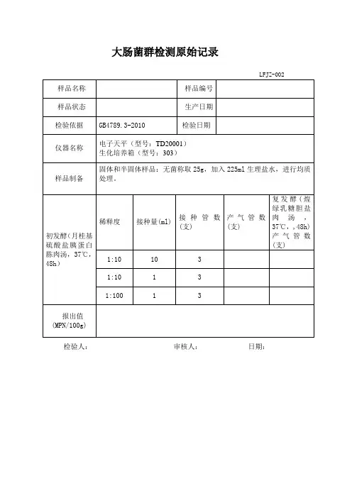 大肠菌群检测原始记录