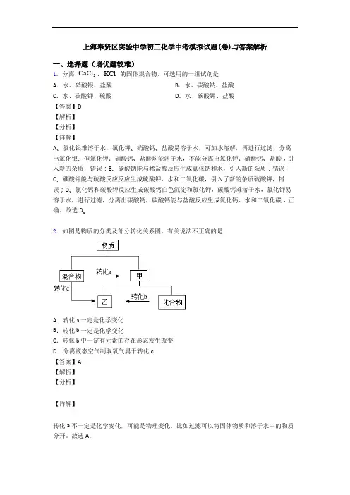 上海奉贤区实验中学初三化学中考模拟试题(卷)与答案解析