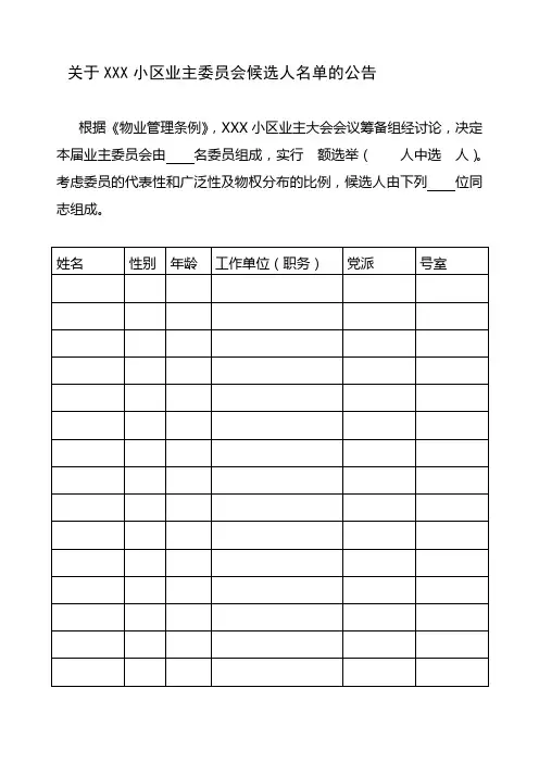 小区业主委员会候选人名单的公告公示