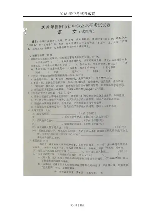 湖南省衡阳市2018年初中学业水平考试语文试题(图片版)