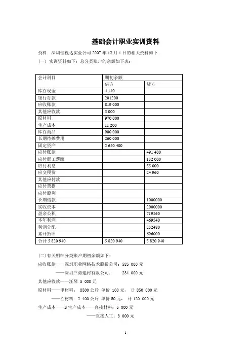 基础会计实训资料及答案