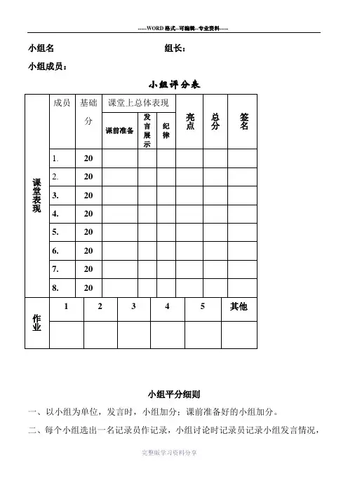 课堂小组评分表