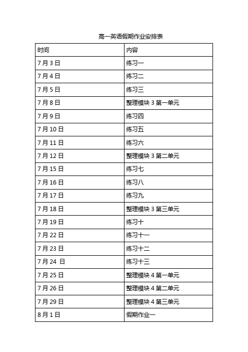 高一英语假期作业安排表
