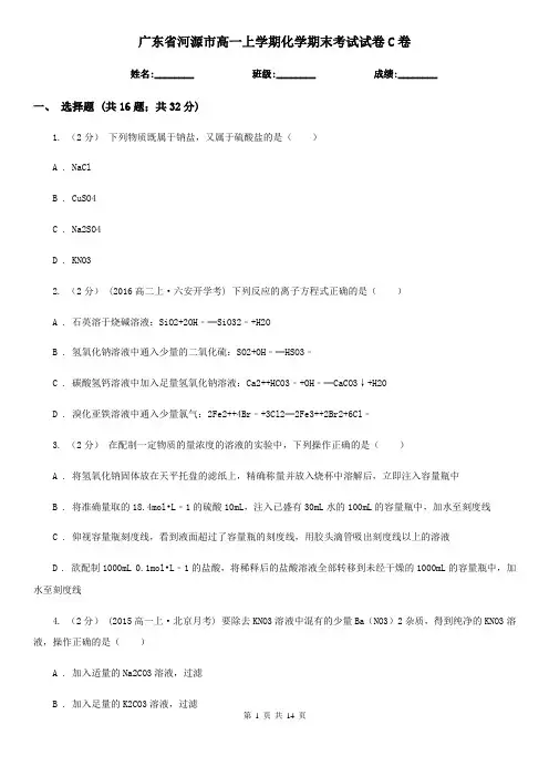 广东省河源市高一上学期化学期末考试试卷C卷
