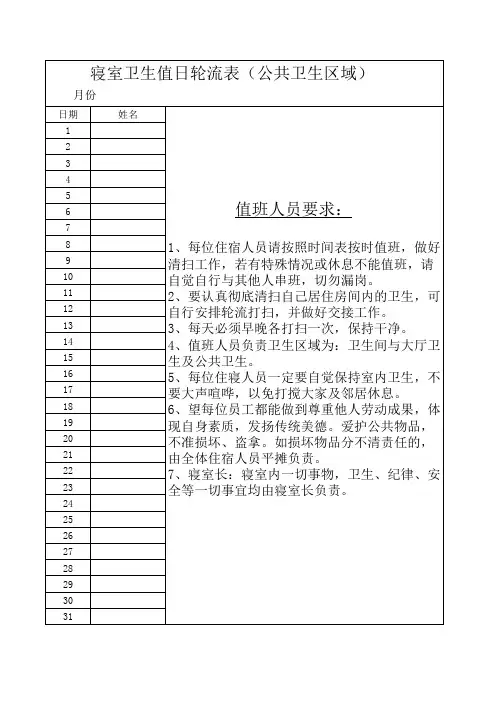 寝室卫生值日轮流表(公共卫生区域)