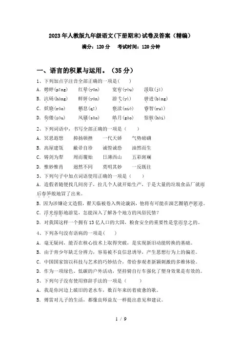 2023年人教版九年级语文(下册期末)试卷及答案(精编)