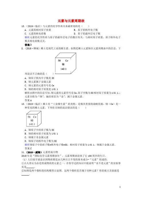 山东省2019年中考化学试题汇编元素与元素周期表(含解析)