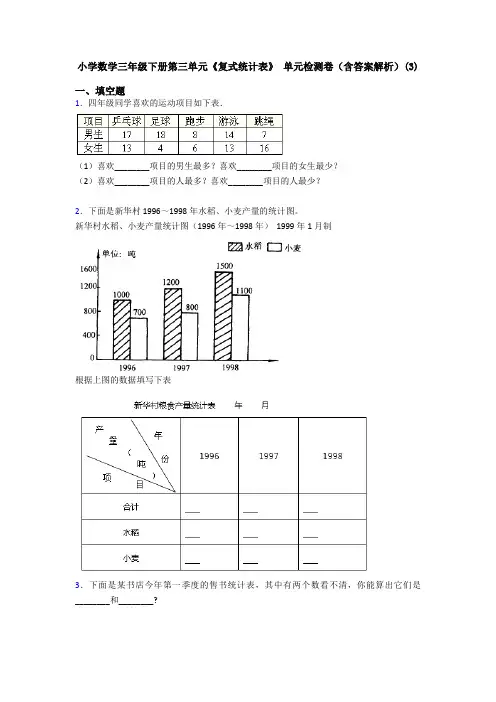 小学数学三年级下册第三单元《复式统计表》 单元检测卷(含答案解析)(3)