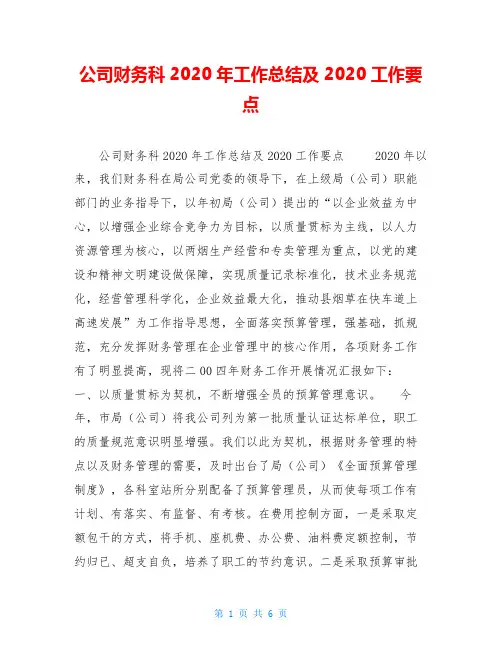 公司财务科2020年工作总结及2020工作要点