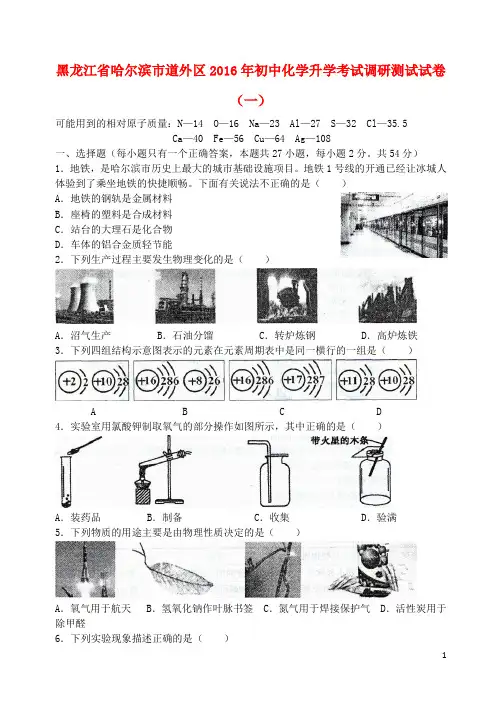 黑龙江省哈尔滨市道外区初中化学升学考试调研测试试卷(一)