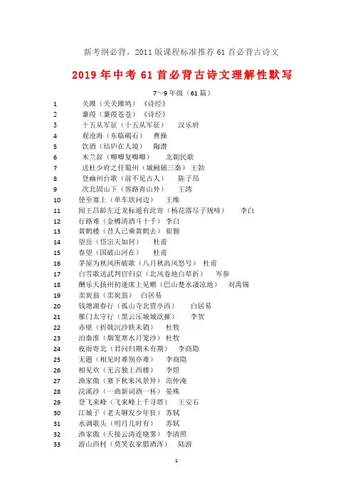 2019中考必背古诗文(61篇)及理解性默写