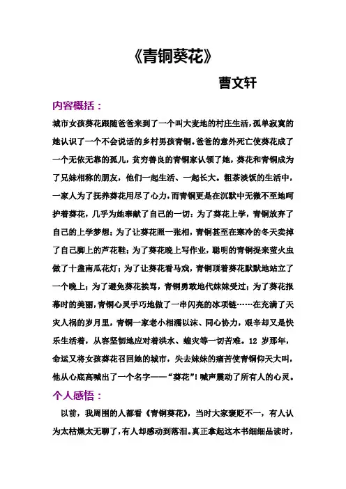 青铜葵花。内容概括+个人感悟+精彩赏析 2