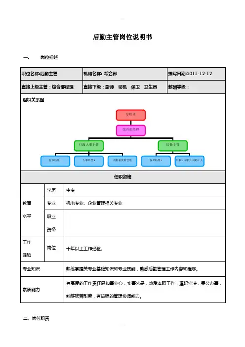 后勤主管岗位职责、绩效考核