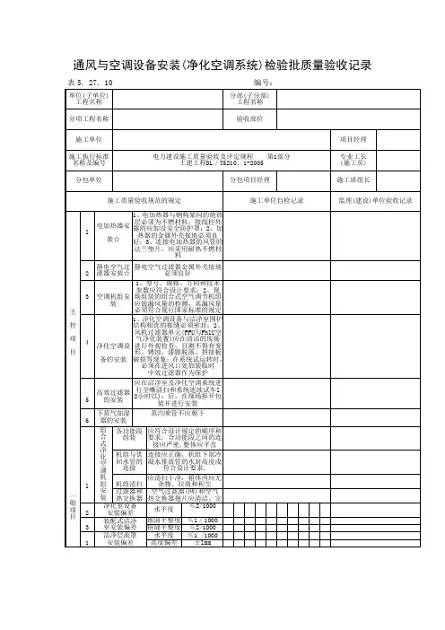 通风与空调设备安装(净化空调系统)检验批质量验收记录