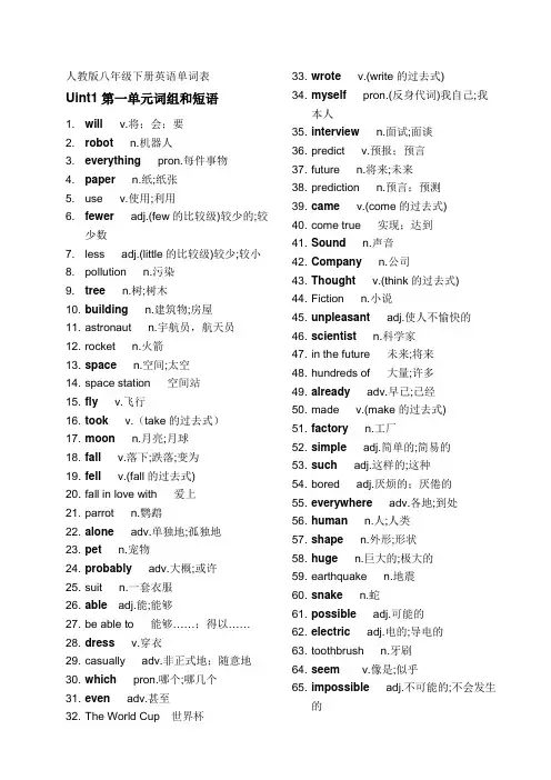 人教版八下册英语单词表(无音标)