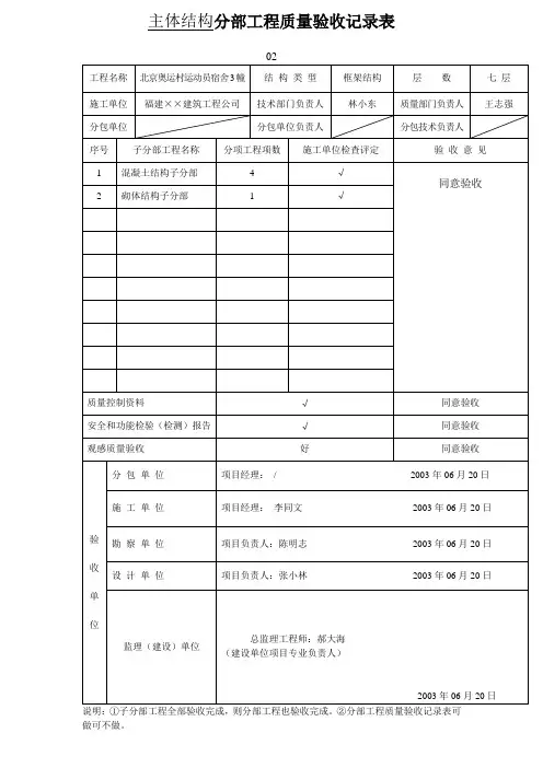 主体结构验收记录