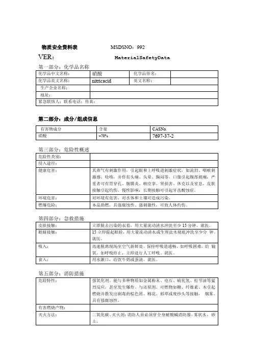 硝酸MSDS化学品说明书