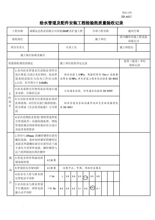 给水管道及配件安装工程检验批质量验收记录 2