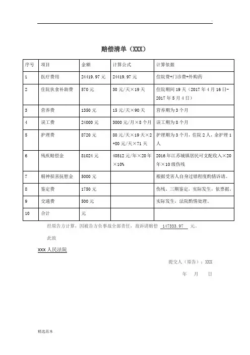 交通事故赔偿清单