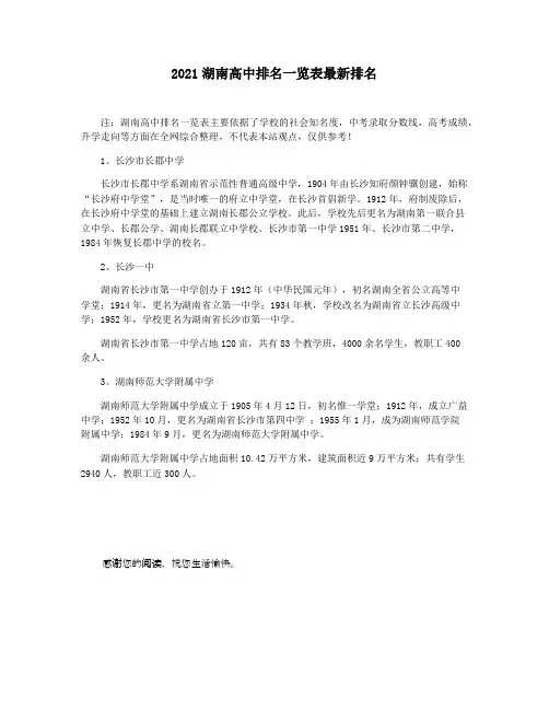 2021湖南高中排名一览表最新排名