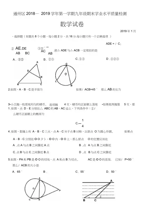 通州区2018—2019学年第一学期九年级期末学业水平质量检测数学试卷