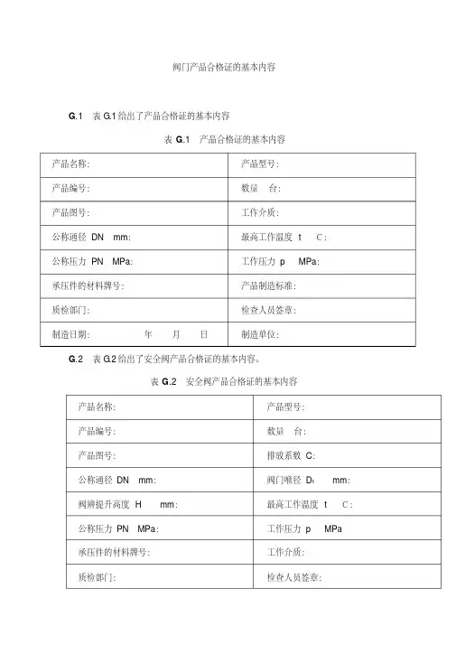 阀门产品合格证的基本内容