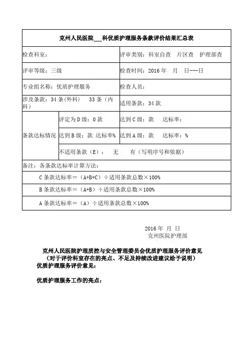 2016年优质护理服务条款自评反馈表