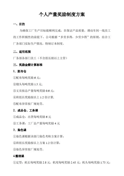 个人产量奖励制度方案
