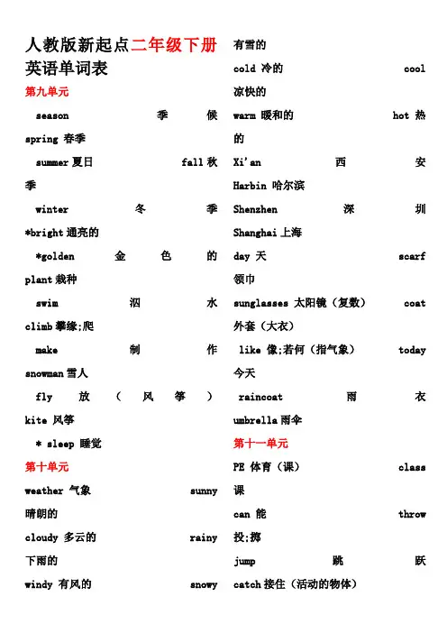 人教版新起点二年级下册英语单词表