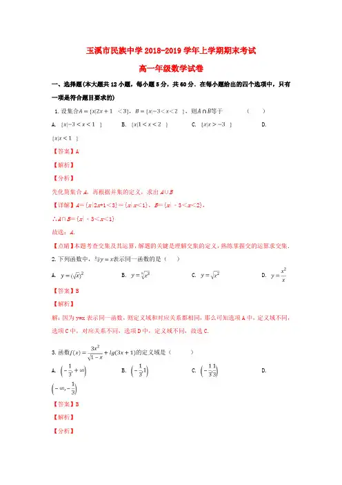 云南省玉溪市民族中学2018_2019学年高一数学上学期期末考试试题(含解析)