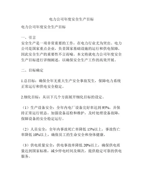 电力公司年度安全生产目标