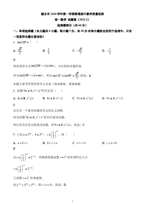 浙江省丽水市2020-2021学年高一上学期期末数学试题