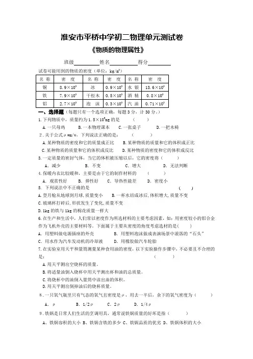 苏科版物理八年级下册初二物理单元测试卷