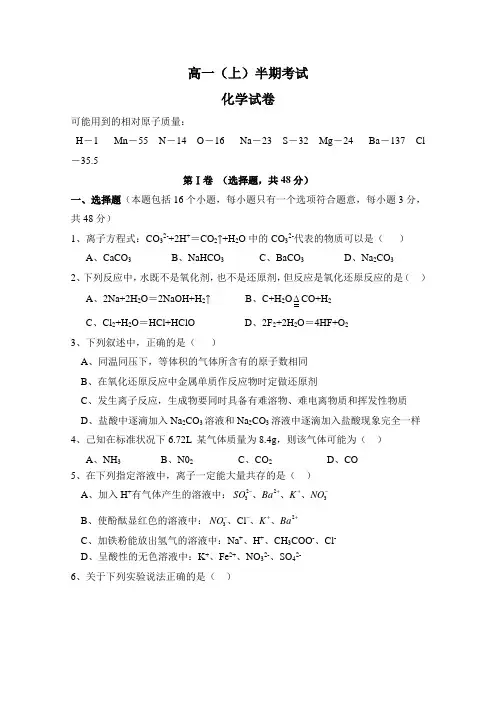 高中化学 高一上期中考试化学试卷含答案