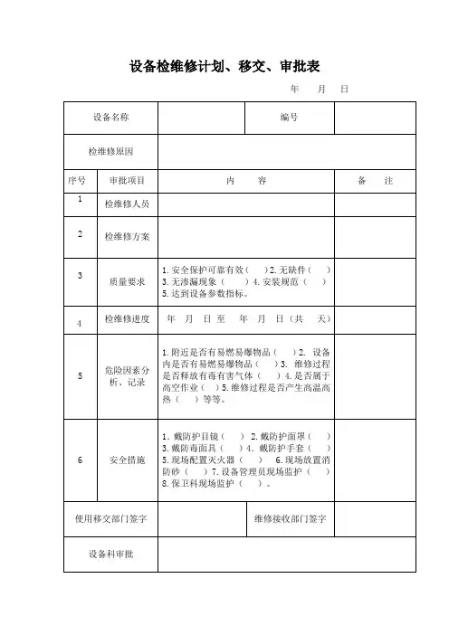 设备检维修计划、移交、审批表