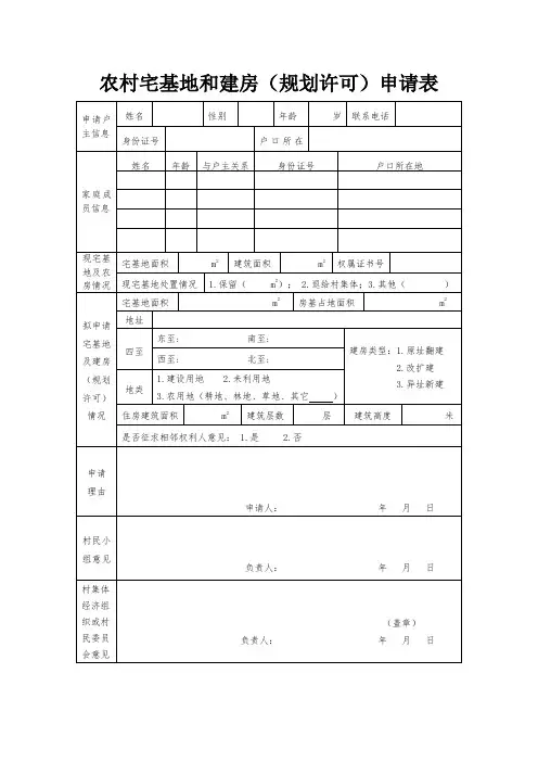 农村宅基地和建房(规划许可)申请表