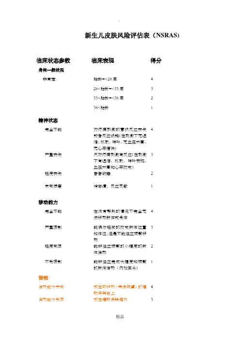 新生儿皮肤风险评估表NSRAS