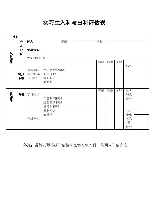 实习生入科出科评估表