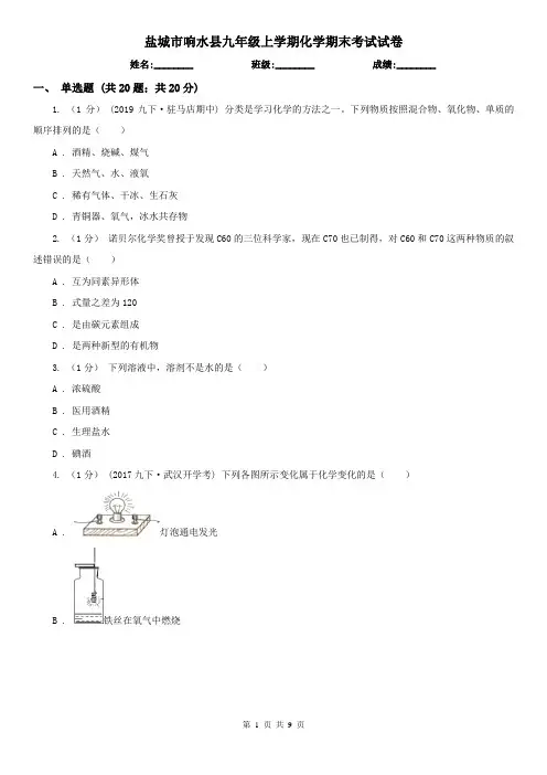盐城市响水县九年级上学期化学期末考试试卷